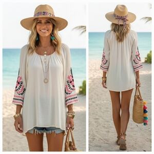 Umgee S Bohemian Resortwear Peasant Lagenlook Embroidered Bell Sleeve Tunic